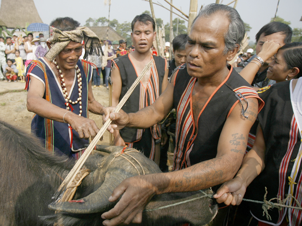 Người K'ho trong lễ hội đâm trâu truyền thống.