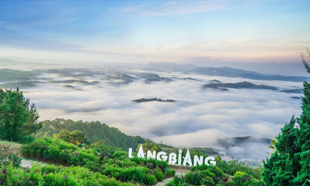 Đỉnh núi Langbiang với sương mù che phủ sáng sớm. 
